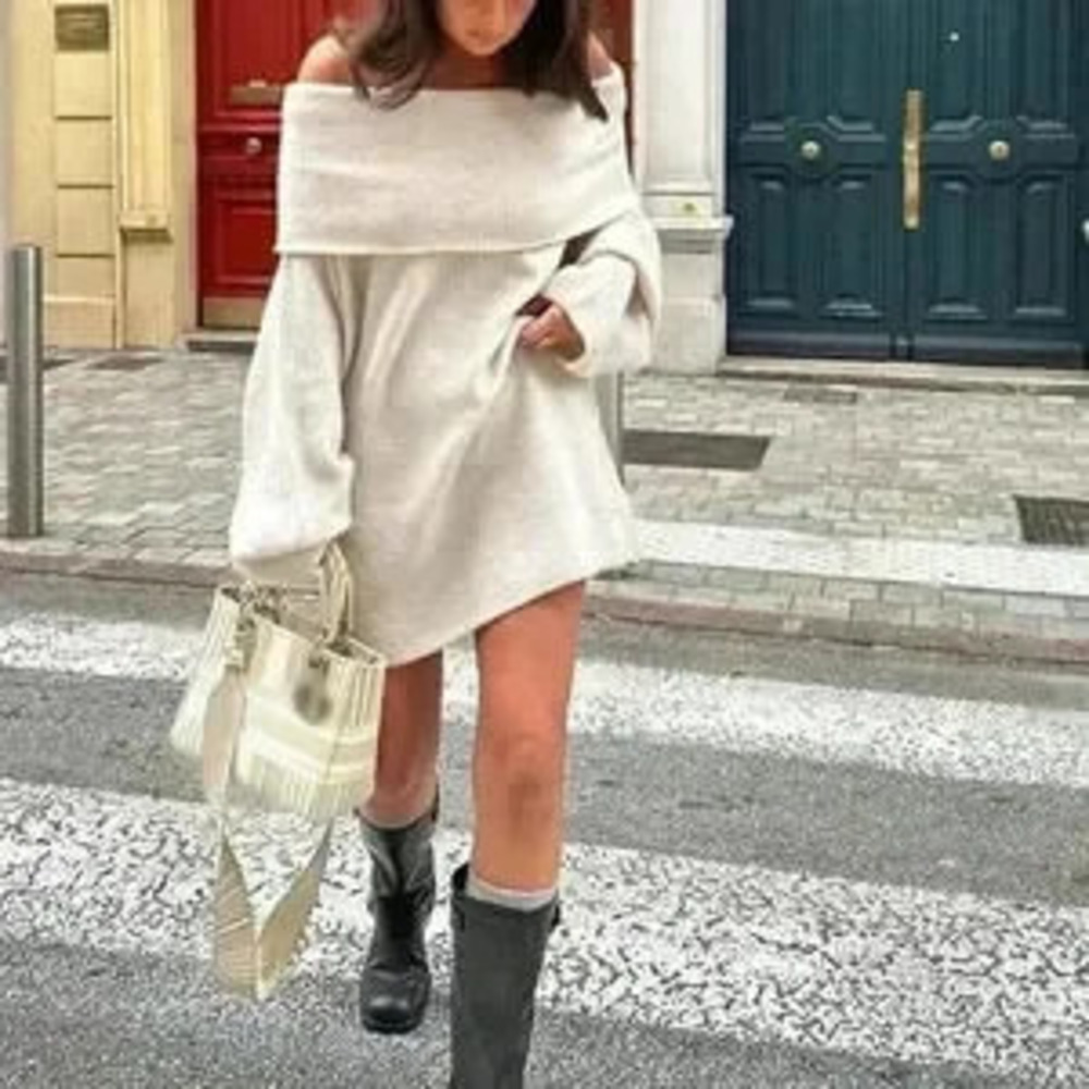 White Casual Women's Off-Shoulder Lantern Sleeve Loose Straight Sweater Dress